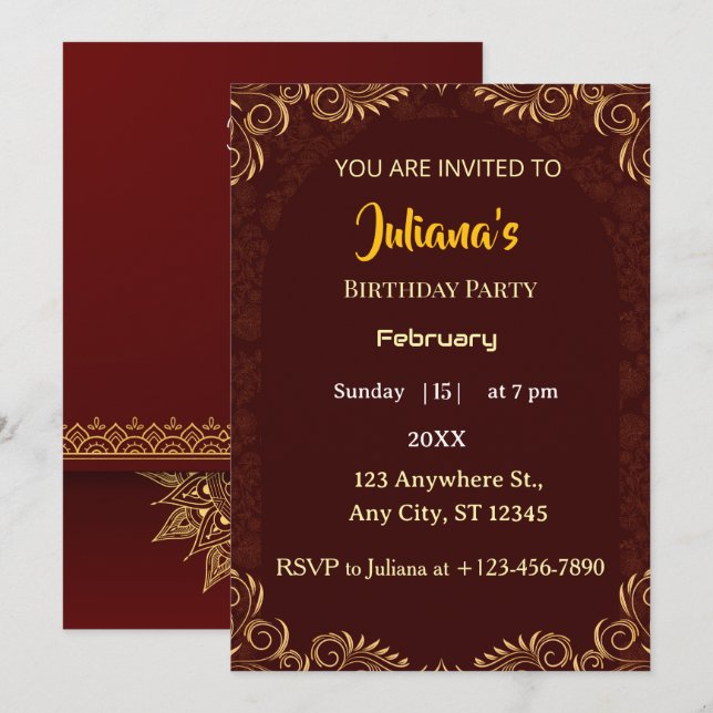 Invitación Elegant Gold Red Royal Minimal Birthday Invitation (Anverso / Reverso)