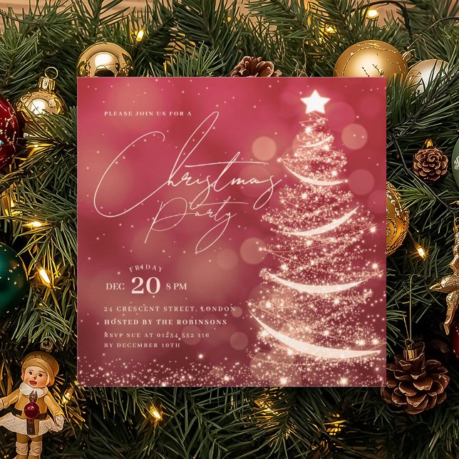 Invitación ELEGANT Gold Red Winter Christmas Tree Party  (ELEGANT Gold Red Winter Christmas Tree Party Invitation)