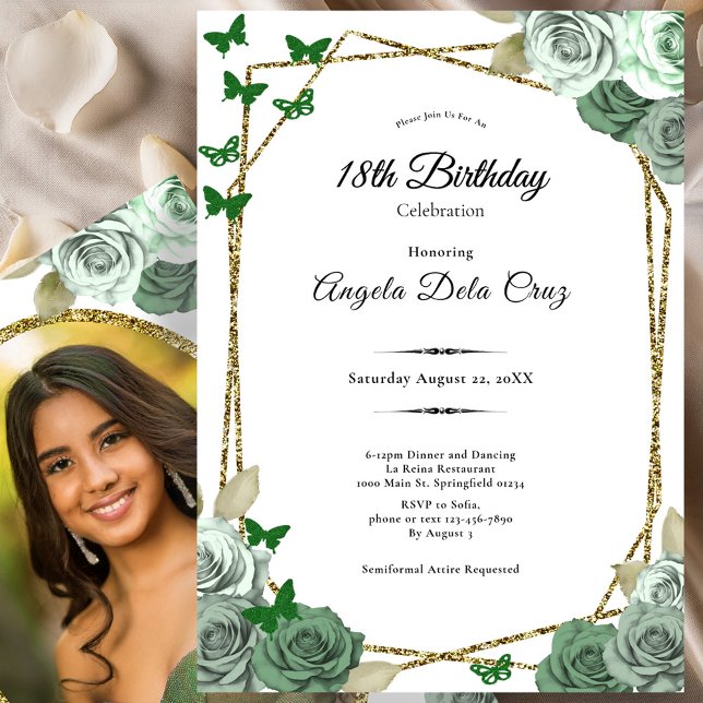 Invitación Elegant Gold Sage Green Rose 18th Birthday Debut  (Subido por el creador)