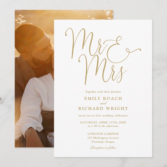 Invitación Elegant Gold Script Mr. Y Mrs. Photo Boda (Anverso / Reverso)