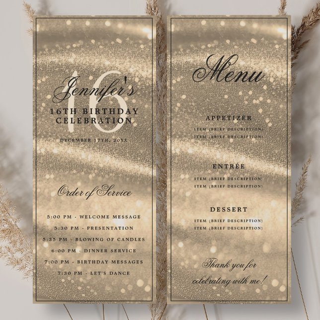 Invitación Elegant Gold Sparkle 16th Birthday Program Menu (Elegant Gold Sparkle 16th Birthday Program Menu)
