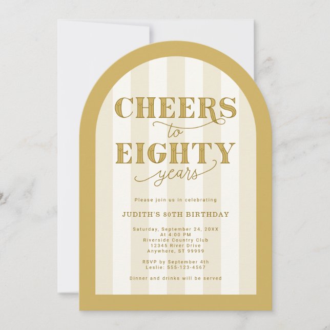 Invitación Elegant Gold Striped Cheers to 80 Years Birthday (Anverso)