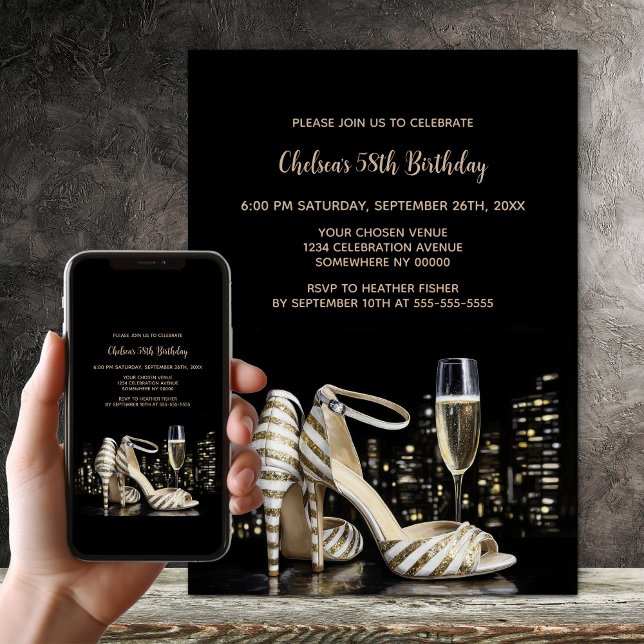 Invitación Elegant Gold Striped High Heel Shoes Birthday (Subido por el creador)