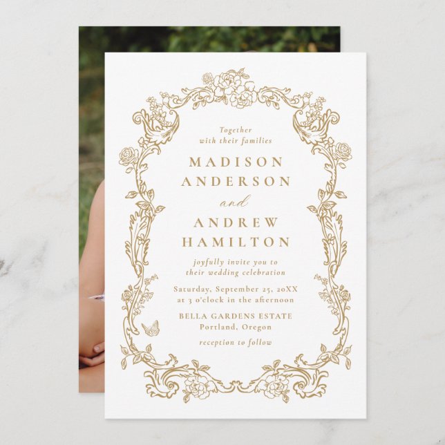 Invitación Elegant Gold Victorian Floral Photo Wedding (Anverso / Reverso)