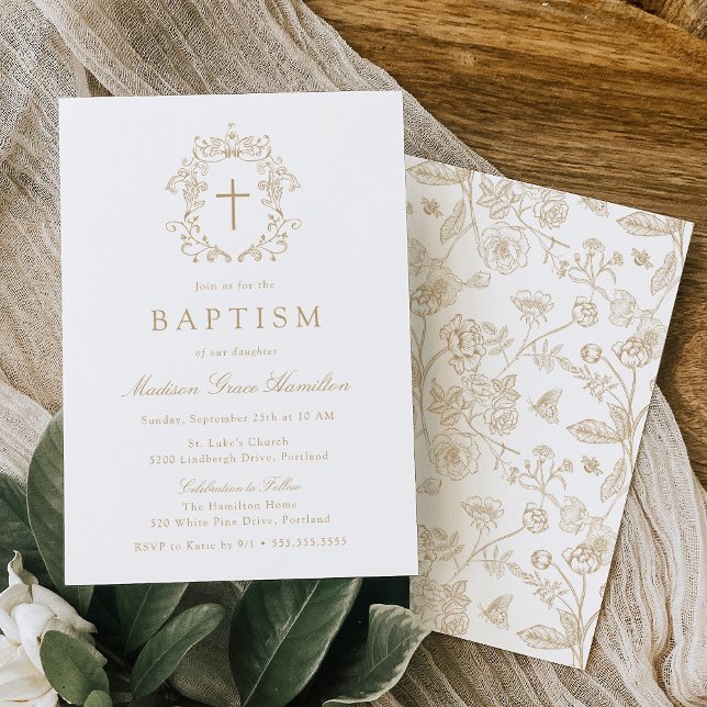 Invitación Elegant Gold Vintage Floral Cross Baptism (Subido por el creador)