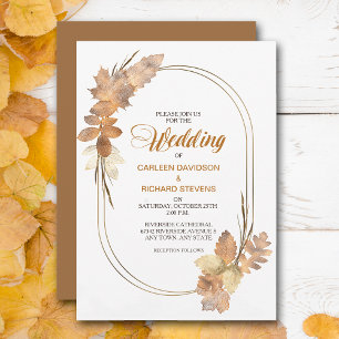 Invitación Elegant Gold Watercolor Autumn Leaves Wedding
