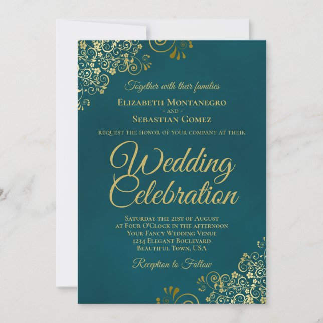 Invitación Elegant Golden Curls on Teal QR Code Wedding (Anverso)