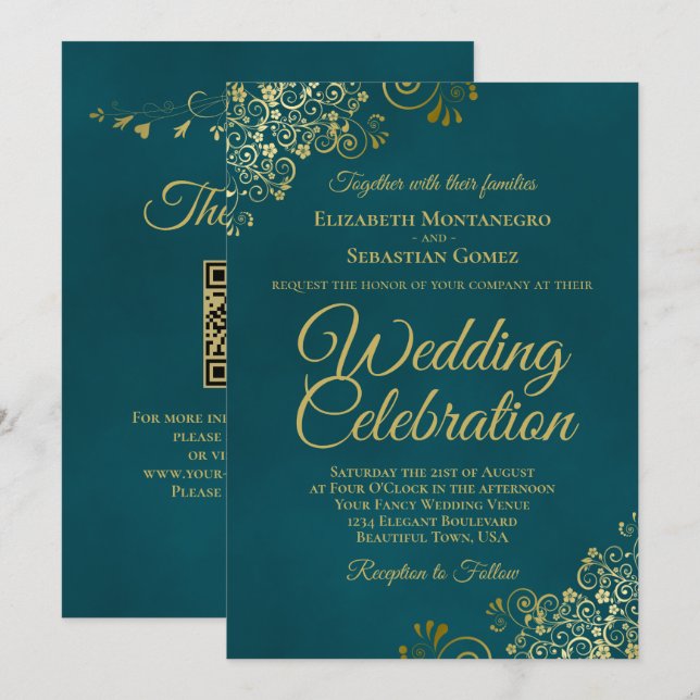 Invitación Elegant Golden Curls on Teal QR Code Wedding (Anverso / Reverso)