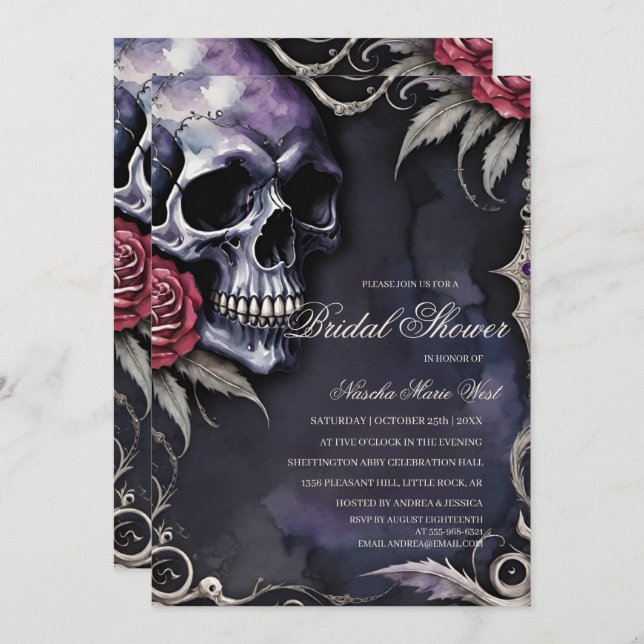 Invitación Elegant Gothic Skull & Red Roses Bridal Shower (Anverso / Reverso)