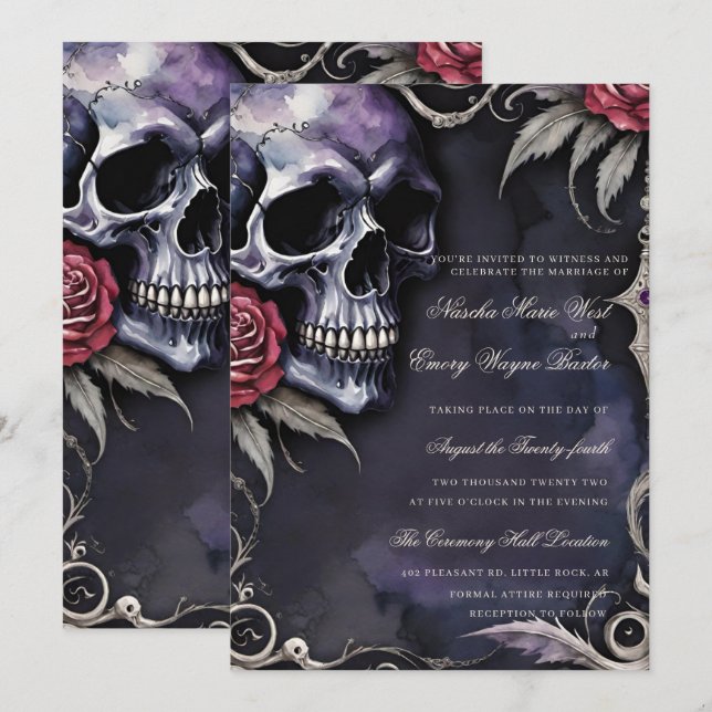 Invitación Elegant Gothic Skull & Red Roses Wedding (Anverso / Reverso)