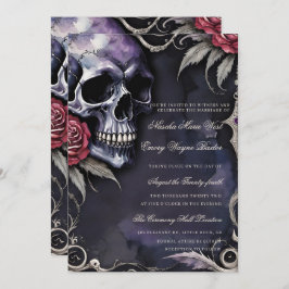 Invitación Elegant Gothic Skull & Red Roses Wedding