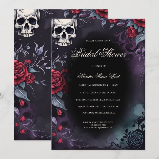 Invitación Elegant Gothic Skull & Roses Bridal Shower (Anverso / Reverso)