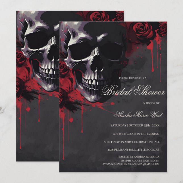 Invitación Elegant Gothic Skull & Roses Bridal Shower (Anverso / Reverso)
