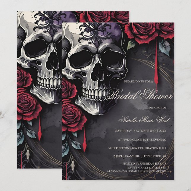 Invitación Elegant Gothic Skull & Roses Bridal Shower (Anverso / Reverso)