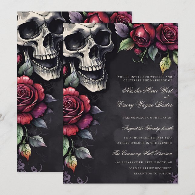 Invitación Elegant Gothic Skull & Roses Wedding (Anverso / Reverso)