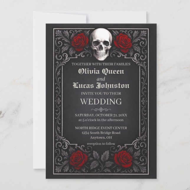 Invitación Elegant Gothic Skull & Roses Wedding Invitation    (Anverso)