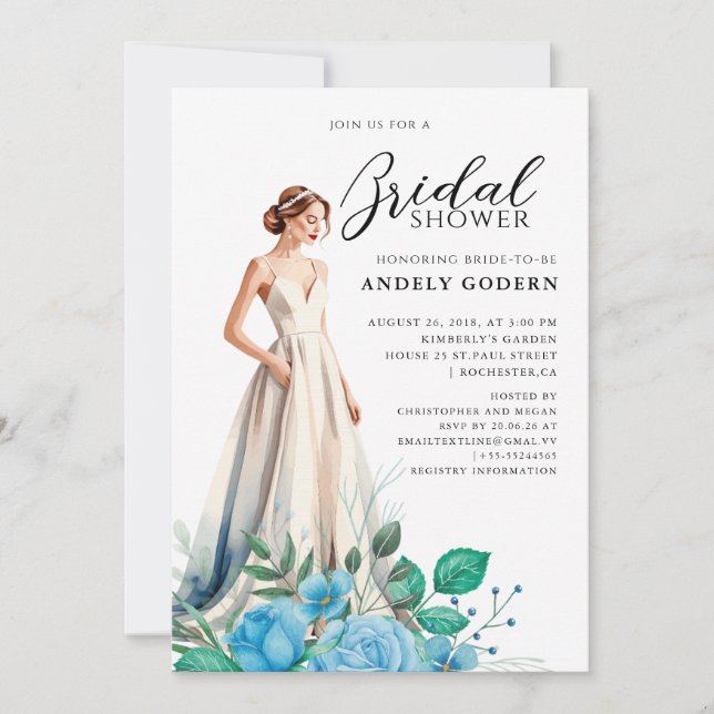 Invitación Elegant Gown Illustration with  Bridal Shower (Anverso)