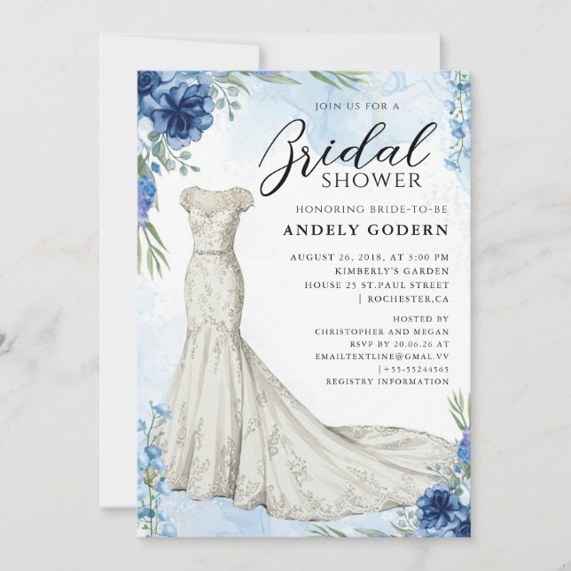 Invitación Elegant Gown Illustration with  Bridal Shower (Anverso)