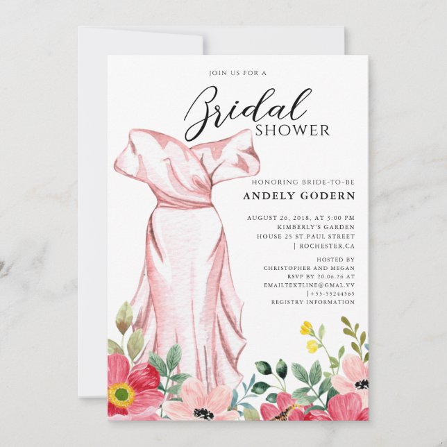 Invitación Elegant Gown Illustration with  Bridal Shower (Anverso)