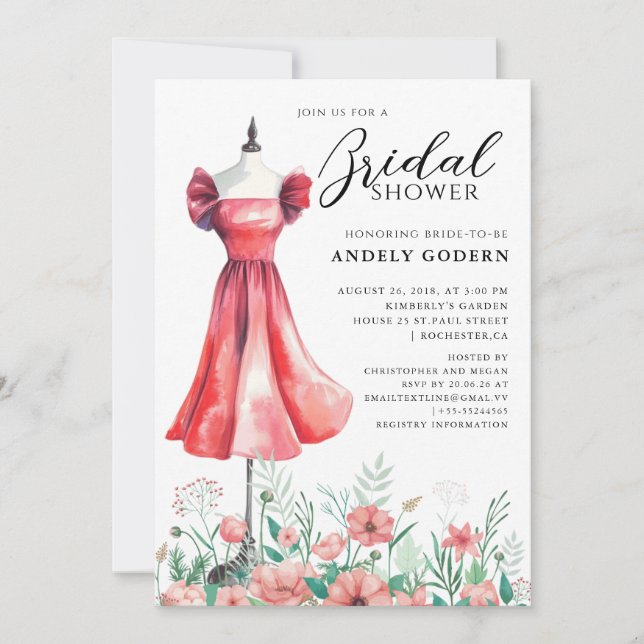 Invitación Elegant Gown Illustration with  Bridal Shower (Anverso)