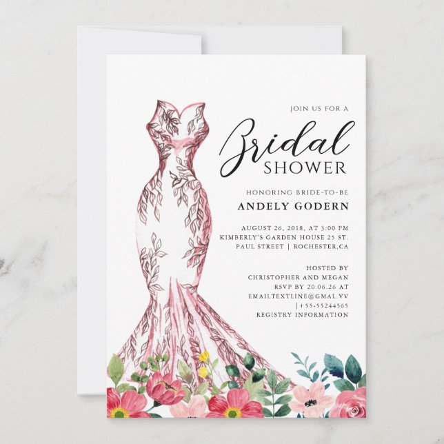 Invitación Elegant Gown Illustration with  Bridal Shower (Anverso)