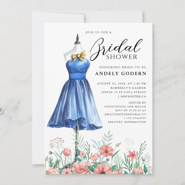 Invitación Elegant Gown Illustration with  Bridal Shower (Anverso)