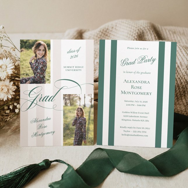 Invitación Elegant Grad Script French Stripe Photo Graduation (Elegant Grad Script French Stripe Photo Graduation Invitation)