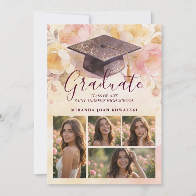 Invitación Elegant Graduation Cap 5-Photo Collage Floral (Anverso)