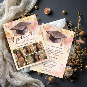 Invitación Elegant Graduation Cap 5-Photo Collage Floral