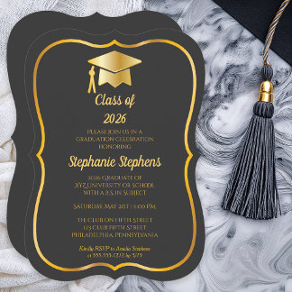 Invitación Elegant Graphite | Gold Cap Graduation Party