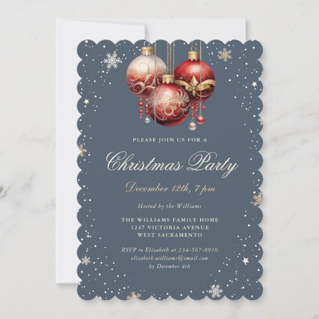 Invitación Elegant Gray Gold Red Ornaments Christmas Party (Anverso)