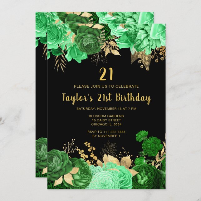 Invitación Elegant Green and Gold Flowers Birthday Party (Anverso / Reverso)