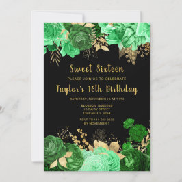 Invitación Elegant Green and Gold Flowers Sweet Sixteen