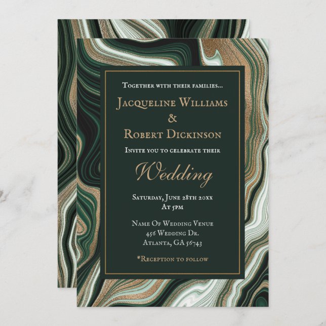 Invitación Elegant Green and Gold Marble Wedding (Anverso / Reverso)