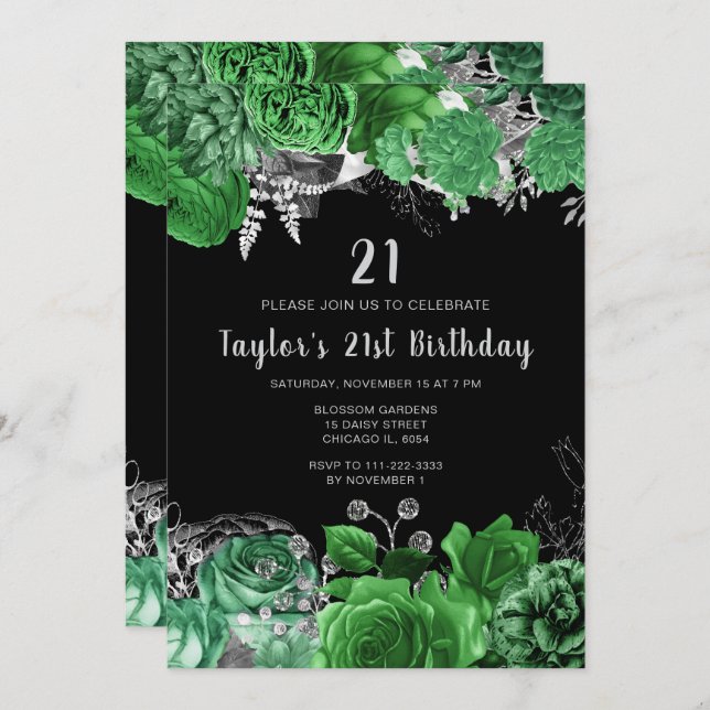 Invitación Elegant Green and Silver Flowers Birthday Party (Anverso / Reverso)