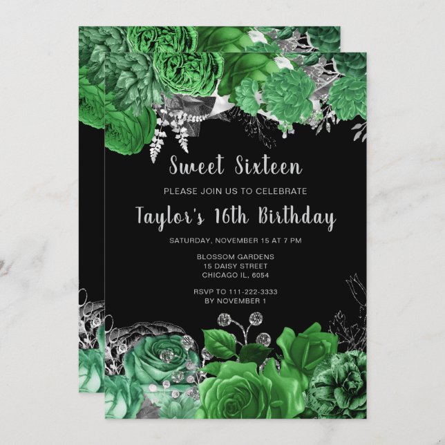Invitación Elegant Green and Silver Flowers Sweet Sixteen (Anverso / Reverso)