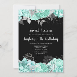 Invitación Elegant Green and Silver Flowers Sweet Sixteen