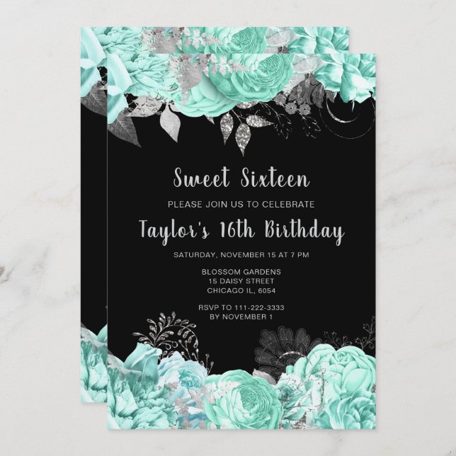 Invitación Elegant Green and Silver Flowers Sweet Sixteen (Anverso / Reverso)