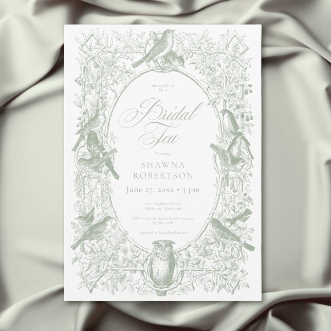 Invitación Elegant Green Birds Bridal Shower (Elegant Green Chinoiserie Nature Birds Bridal Tea Invitation)