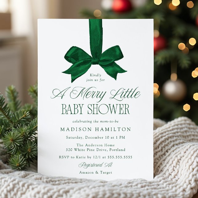 Invitación Elegant Green Bow Christmas Baby Shower (Subido por el creador)