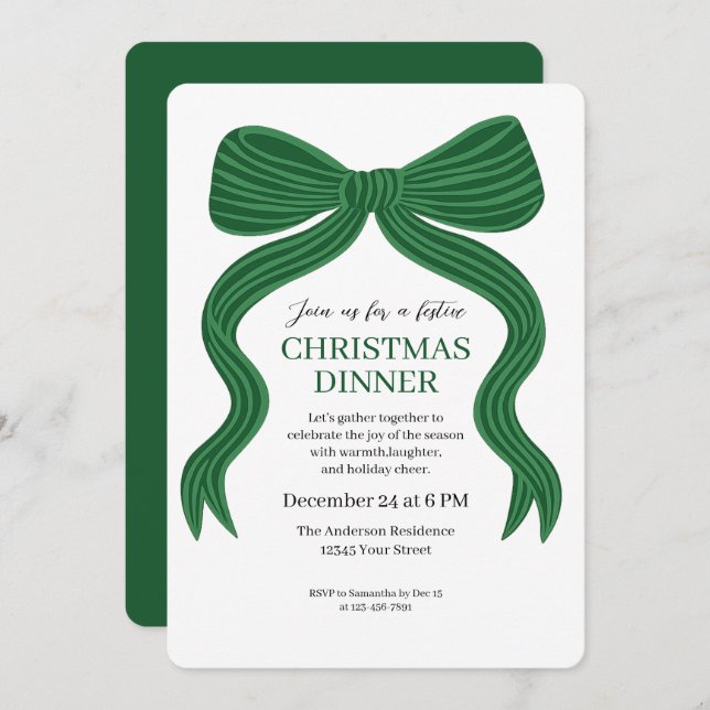 Invitación Elegant Green Bow Christmas Dinner Invitation (Anverso / Reverso)