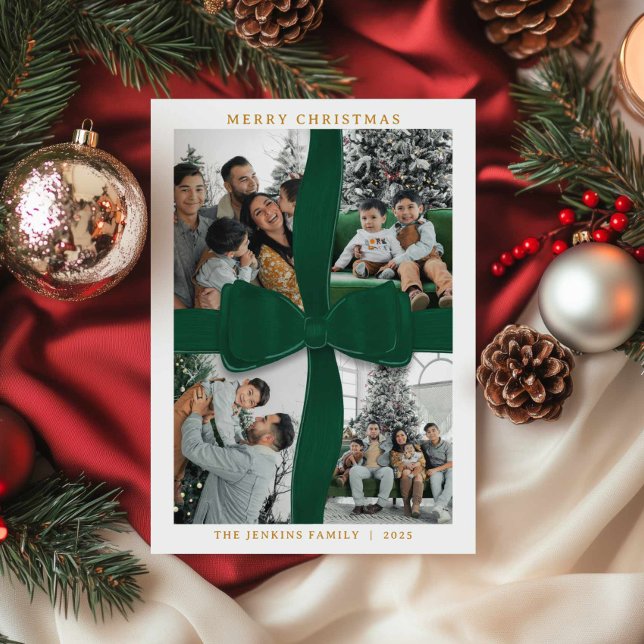 Invitación Elegant Green Bow Photo Merry Christmas Card (Green Bow Merry Christmas 4 Photo Holiday Card)