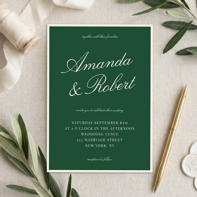 Invitación Elegant Green Calligraphy Old Money Wedding (Subido por el creador)