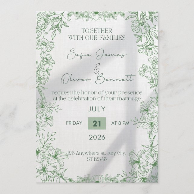 Invitación Elegant Green Floral Line Art Wedding Invitation  (Anverso)