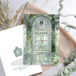 Invitación Elegant Green Garden Watercolor Wedding Monogram