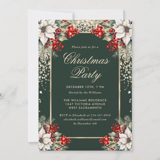Invitación Elegant Green Gold Botanical Christmas Party (Anverso)