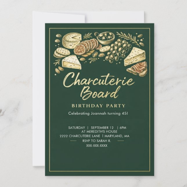 Invitación Elegant Green & Gold Charcuterie Board Birthday (Anverso)