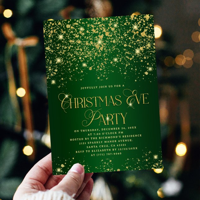 Invitación Elegant Green  Gold Glitter Christmas Eve Party (Subido por el creador)