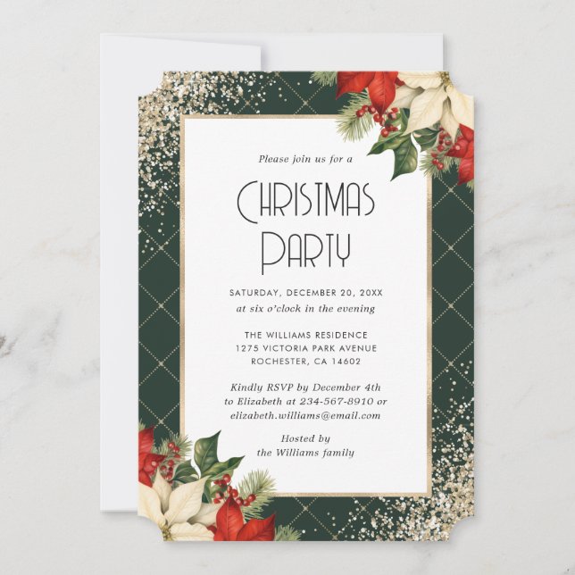 Invitación Elegant Green Gold Poinsettia Christmas Party (Anverso)