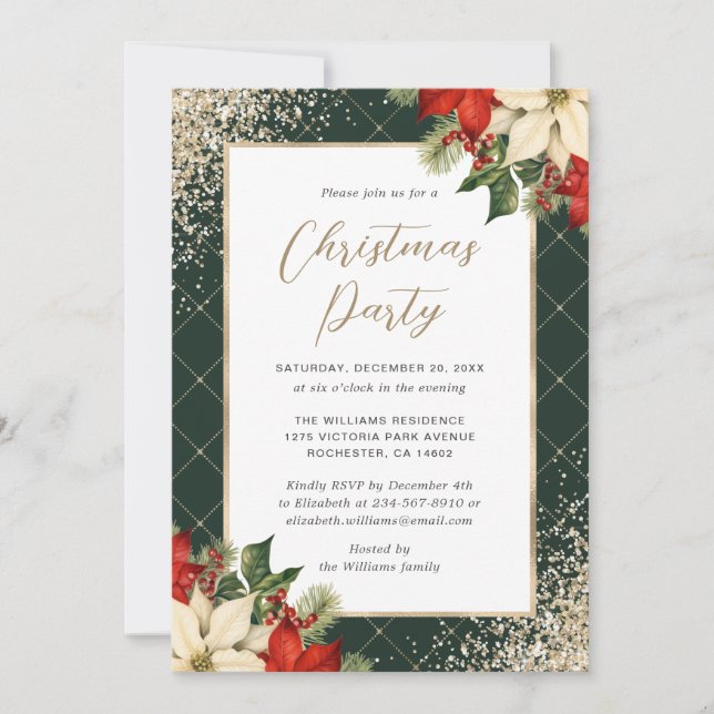 Invitación Elegant Green Gold Poinsettia Christmas Party (Anverso)